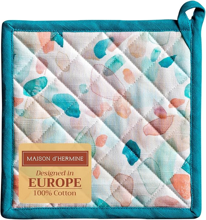 Maison d' Hermine Pot Holders 100% Cotton Heat Resistant Potholders 8" x 8" Hot Pads with Loop BBQ Cooking Baking Gifts for Mothers Day Handling Hot Pans Spring/Summer (Pack of 1, Summer Picnic)