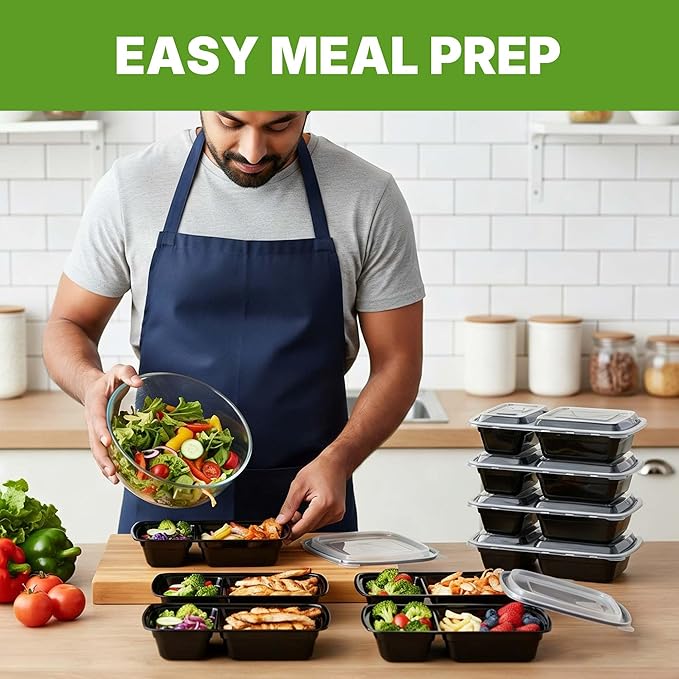 Meal Prep Containers with Lids, Reusable 2-Compartment Food Storage, Sturdy Leakproof, Food Safe, Microwave Freezer Dishwasher Safe, To-Go Takeout Plastic Containers, 50 Pack (100-Piece) – 60828 60828