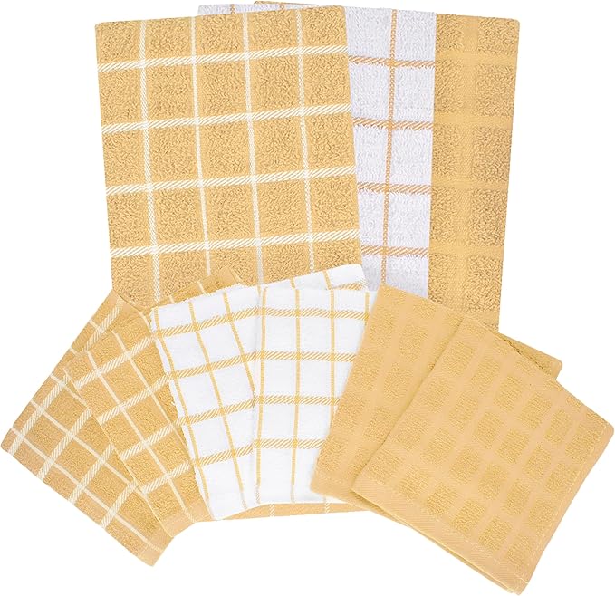 Ritz Premium 3-Pack Kitchen Towel & 6-Pack Dish Cloth Set - Highly Absorbent, Super Soft, Long-Lasting, 100% Cotton Terry Drying Cleaning Cloths, Straw