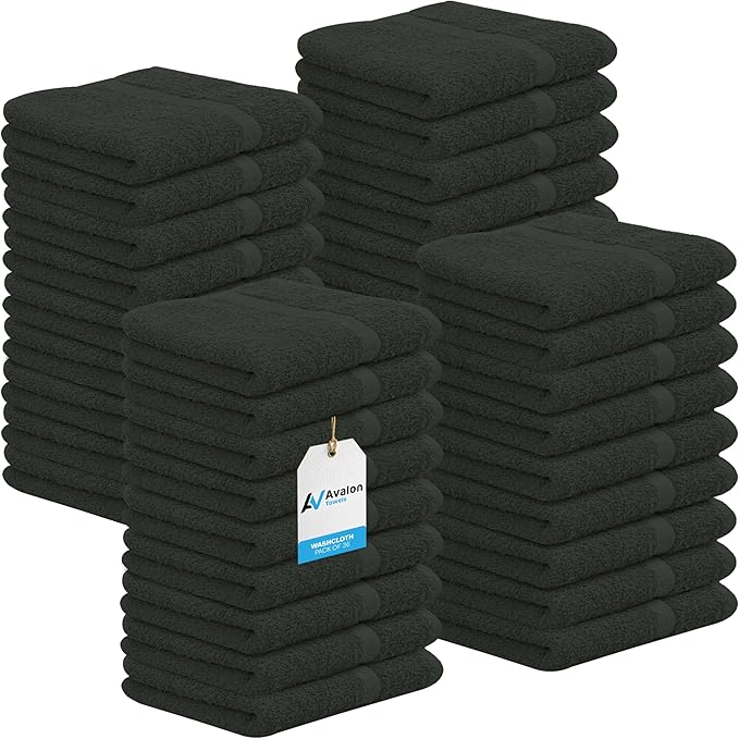Avalon Towels Cotton Washcloths – (Pack of 36) Size 12x12 Inches, 100% Ring Spun Cotton, Soft & Absorbent Face Towels, Gym Towels, Hotel and Spa Quality, Reusable Fingertip Towels (Grey)