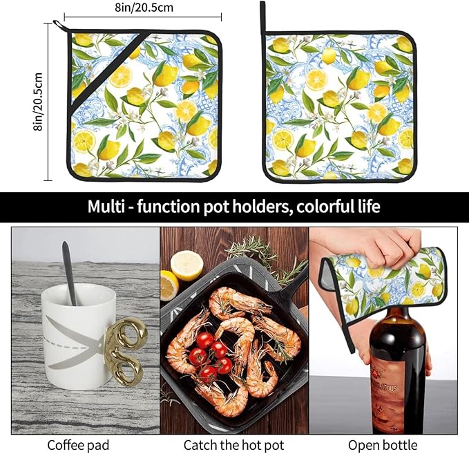 Lemon Pot Holders 2 PCS for Kitchen, Flower Heat Resistant Hot Pads for Cooking Grilling Baking BBQ Tropical Fruits Leaves Pot Holders Cook Essentials Accessories Home Microwave