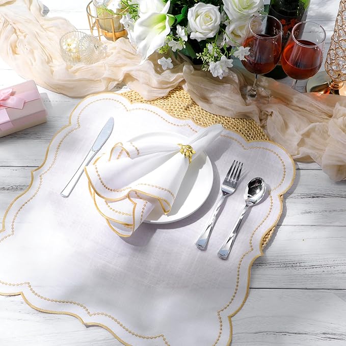 Hahafelt Cloth Napkins 18x18inches Scalloped Embroidery Cloth Napkins Washable Polyester Table Dinner for Hotel Restaurant Weddings Events Parties (Gold,12 Set)