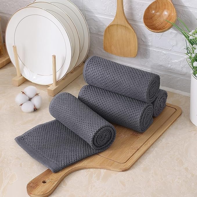 Kitinjoy 100% Cotton Waffle Weave Kitchen Hand Towels (13 X 28 Inches, Dark Grey), 12-Pack Super Soft and Absorbent Dish Towel for Drying Dishes
