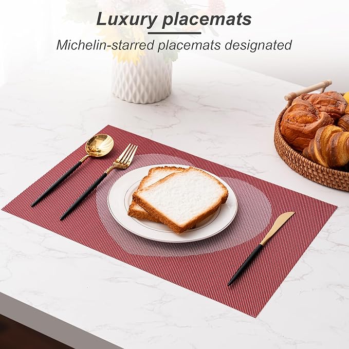 CADONO Placemats Set of 4 Washable Indoor/Outdoor Vinyl Place Mats for Dining Table Durable Non-Slip Heat Resistant PVC Weave Table Mats（Red Pink Heart）