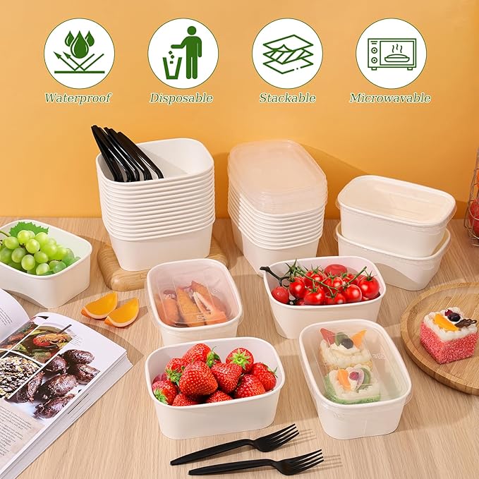 DI QIU REN 50-Pack 29oz Disposable Meal Prep Containers with Lids & Forks, Kraft Paper Bowls To Go Take Out Food Containers with Lids, Microwave & Freezer Safe (White Kraft Paper, 29oz 50 Count)