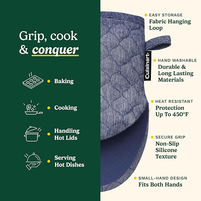 Cuisinart Silicone Mini Oven Mitts–5” x 8.5” Heat-Resistant Kitchen Mitts for Oven with Non-Slip 100% Silicone Palm, Cotton Filling, and Hanging Loop–Durable Oven Mitt Set for Cooking & Baking