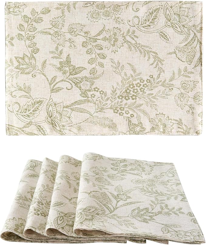 JINCHAN Linen Floral Placemats Set of 4 Cloth Table Mats Rustic Cottagecore Botanical Outdoor Seasonal for Kitchen Dining Table Decor Non-Slip Washable Tablemats 13x19 Inch Green
