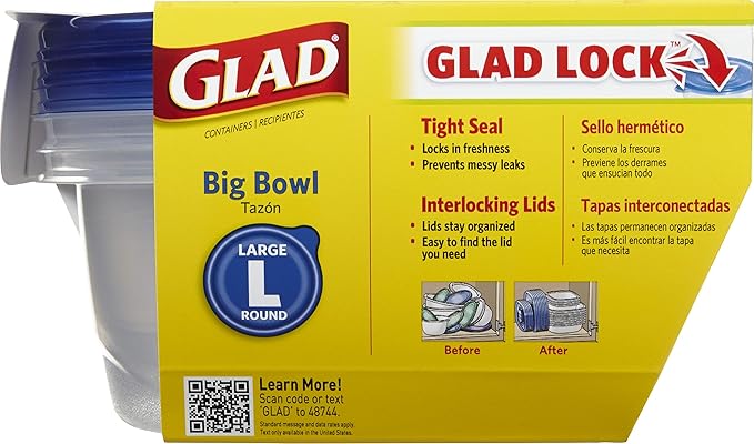Glad GladWare Big Bowl Food Storage Containers with Lids, Large Round No BPA Plastic Containers for Soups, Salads, and Meal Prep, Lock Tight Seal, Microwave Dishwasher Safe, 48 Oz, 3 Count