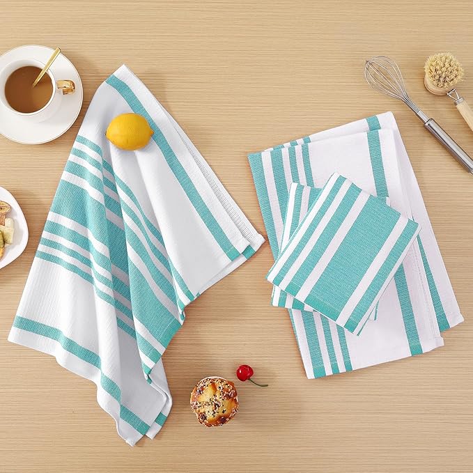 Homaxy Premium Kitchen Towels 18”x 28”, Large Cotton 380 GSM Kitchen Hand Towels, Stripe and Terry Dish Towel, Highly Absorbent Tea Towel Set with Hanging Loop, 8 Pack, Teal