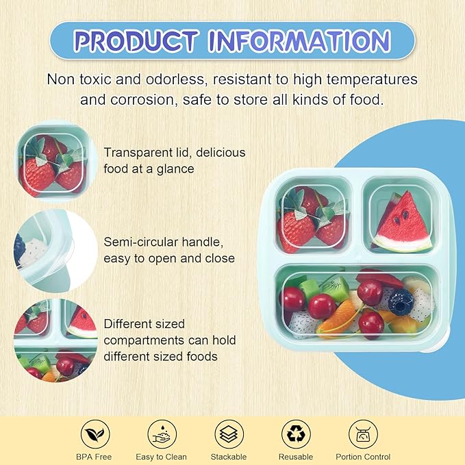 Honeydak 5 Pack Snack Containers 3 Compartment Bento Snack Boxes Divided Meal Prep Containers with Lids Reusable Adults Lunch Food Storage Box for School Work Travel (Blue Ombre)
