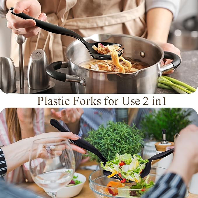 Mwellewm 72Pcs Plastic Serving Utensils Set Large Disposable Serving Spoons Fork and Tongs for Serving Food 8.5'' Heavy Duty Black Party Utensil Supplies for Buffet Restaurant Picnic Dinner Salad Soup