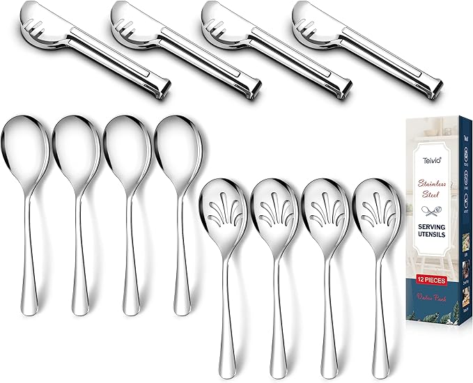 Stainless Steel Metal Serving Utensils - Large Serving sets-10" Spoons, 10" Slotted Spoons and 9" Tongs by Teivio (Silver, Set of 12)