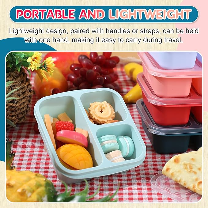 Honeydak 5 Pack Snack Containers 3 Compartment Bento Snack Boxes Divided Meal Prep Containers with Lids Reusable Adults Lunch Food Storage Box for School Work Travel(Melon)