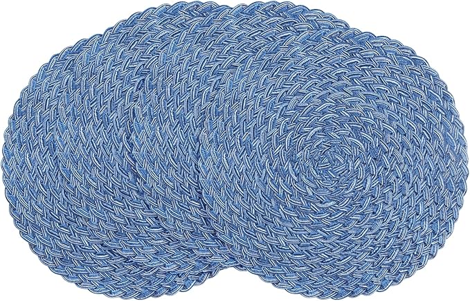 Floroom 15 Inch Round Braided Placemats Set of 4, Washable Heat Resistant Cotton Polyester Circle Boho Place Mats for Kitchen Dining Table - Seascape Blue