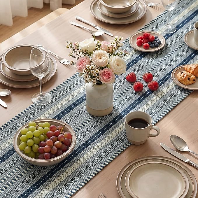 Artoid Mode Dark Blue Farmhouse Woven Table Runner, Seasonal Holiday Rustic Kitchen Dining Table Decoration for Home Party Decor 12x72 Inch