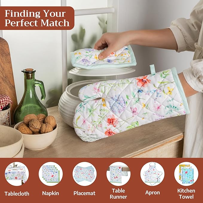 Maison d' Hermine Pot Holders 100% Cotton Heat Resistant Potholders 8" x 8" Hot Pads with Loop BBQ Cooking Baking Gifts for Mothers Day Handling Hot Pans Spring/Summer (Pack of 2, Just Floral)