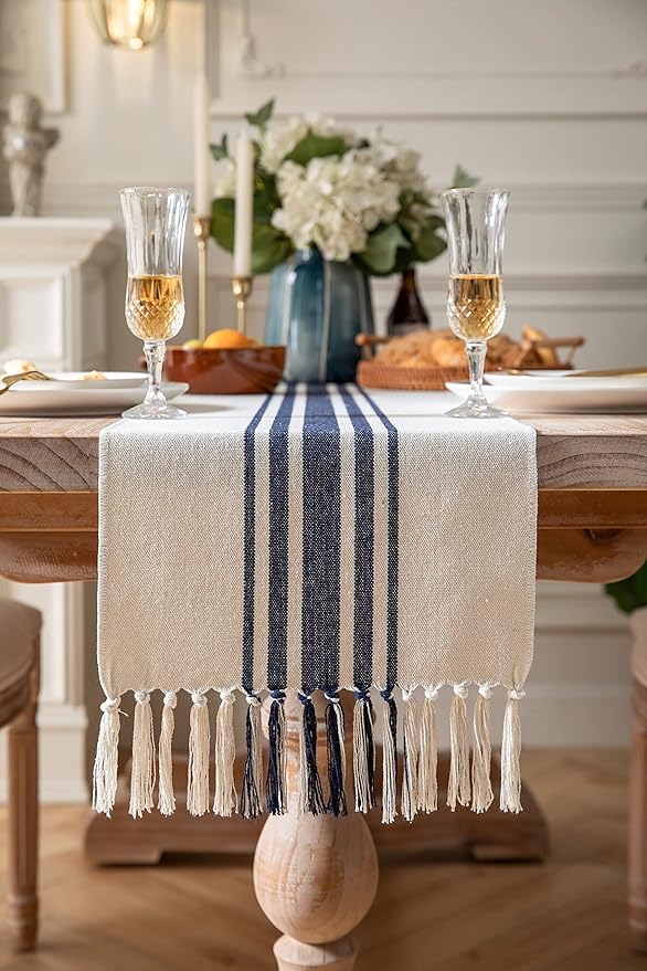Boho Table Runner for Modern Farmhouse Decor, Dining Table décor 13 x 60 Inch Long, Coffee Table Runner with Handcrafted Tassels, Navy and Beige, for Home Bohemian Decoration