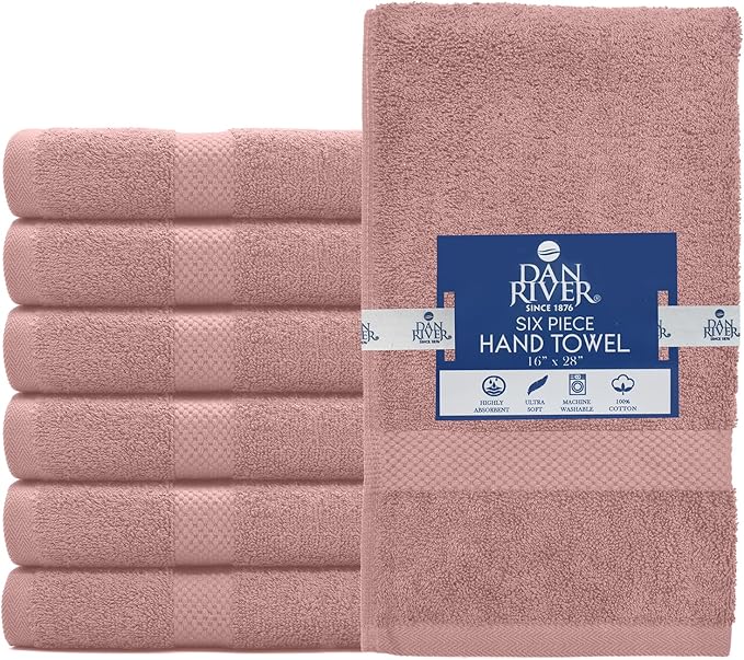 DAN RIVER 6-Pack Premium Hand Towels (16x28 Inches) - 100% Cotton, Ultra Soft, Lightweight, Highly Absorbent Towels for Bathroom, Spa, Gym, Salon, Hotel, and Travel - Dusty Pink
