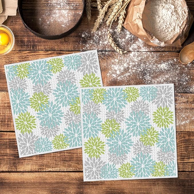 Artoid Mode Light Blue Dahlia Floral Kitchen Dish Cloths, 12x12 Inch Quick Dry Microfiber Dishcloths for Kitchen Premium Dish Rags Set of 2