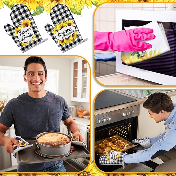 Leinuosen 6 Plaid Sunflower Kitchen Towels Kitchen Decor and Accessories Set Floral Plant Oven Mitts and Pot Holders Sets Farmhouse Absorbent Dish Towels for Cooking Baking Grilling