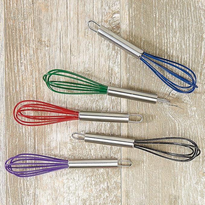 Lillian Vernon Colorful Mini Silicone Whisks Set – 5-Piece Rainbow Kitchen Utensils for Cooking, Baking, Egg Beating & Mixing, 6.5 Inch Small Non Stick Stainless Steel Wire Beaters, Dishwasher Safe