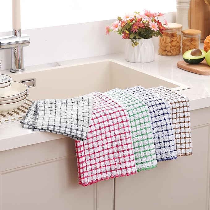 Homaxy Kitchen Towels and Dishcloths Set, 16 x 25 and 12 x 12 Inches, Set of 12 Cotton Terry Kitchen Dish Towels, Super Soft and Absorbent Dish Cloths, Red/Blue/Yellow/Green/Pink/Brown