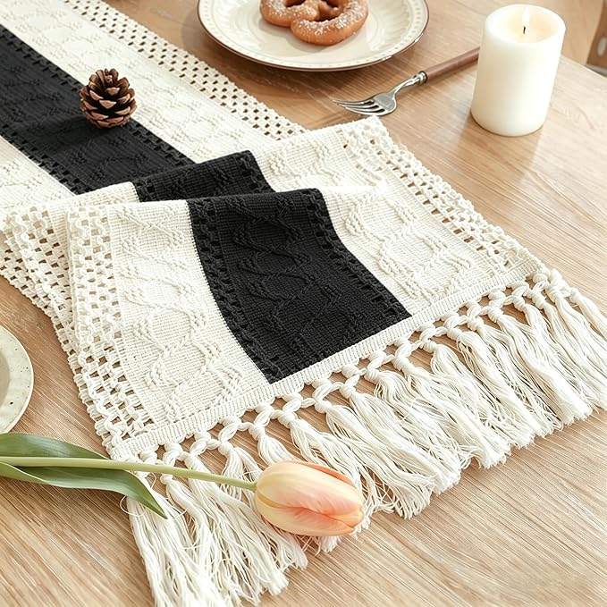 Boho Table Runner for Home Decor with Tassels 72 Inches Long , Farmhouse Rustic Black Table Runners for Bohemian Kitchen Dining Table(12x72in)