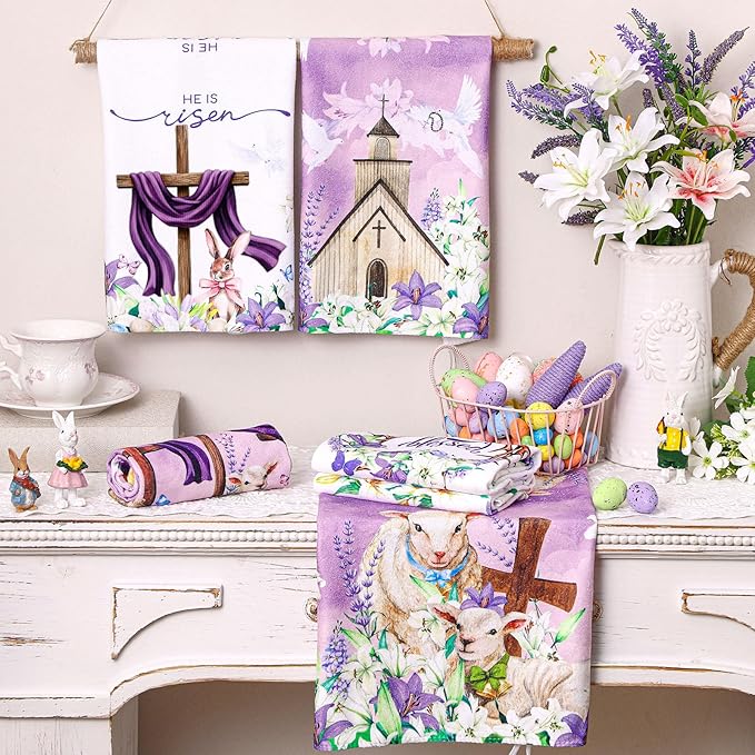 Breling Set of 6 Happy Easter Kitchen Towels Religious Dish Towel Bathroom Decorative Christian Lily Cross Thorny Cloths Easter Decorations for Home Decorations Spring Gift, 14 x 21 Inch