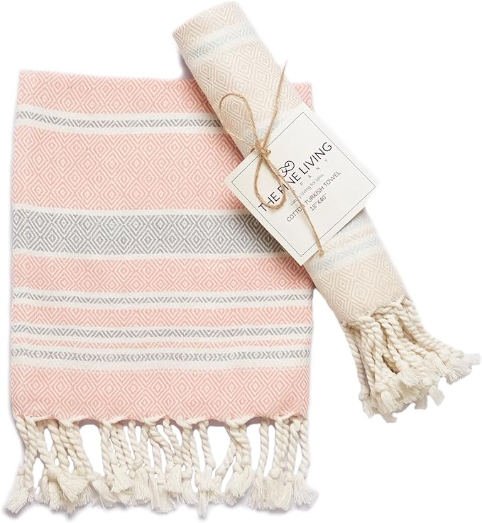 The Fine Living Co. Turkish Hand Towels - Set of 2 | 100% Cotton - Kitchen and Bathroom Decorative Hand Towels for Bath, Guest, Face, Hair, Tea, Dishcloth | 40”x18” (Beige & Red)