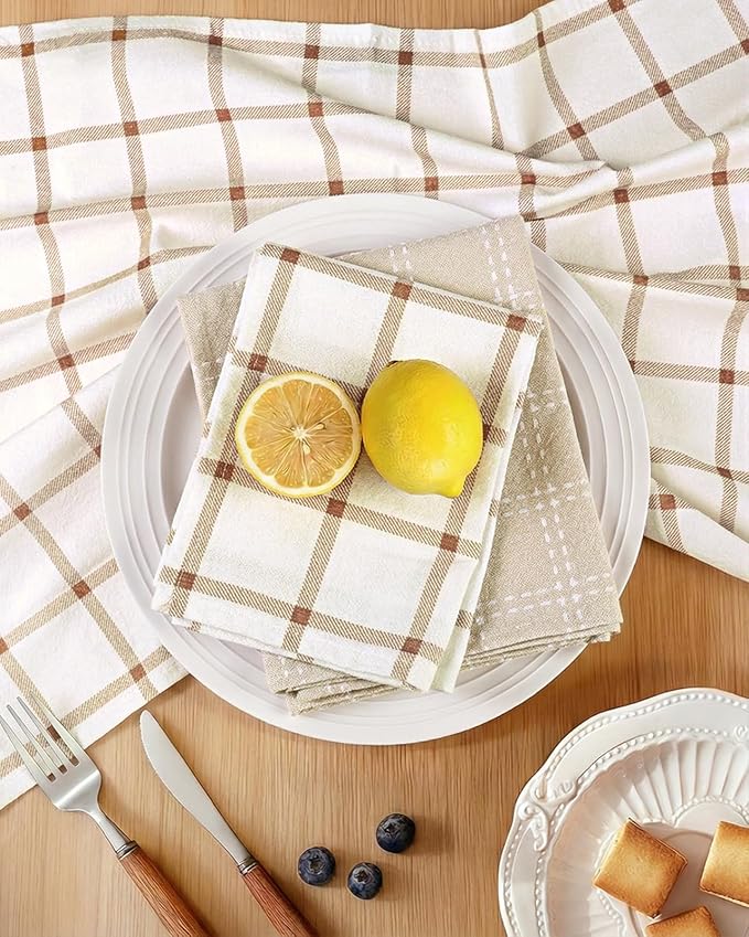 Miss Adola Neutral Flour Sack Kitchen Towels - 3 Pack 18"x 26" Cotton Farmhouse Fast Drying Decorative Hand Tea Towel Dishcloth with Hanging Loop for Home Decor Housewarming Gift, Checkered