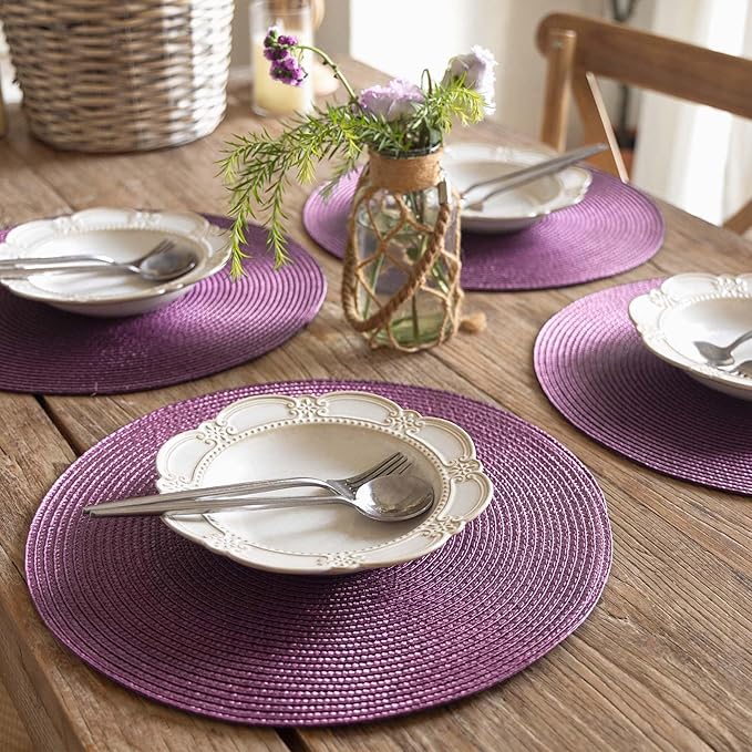 FunWheat Round Braided Placemats Set of 6 Table Mats for Dining Tables Woven Washable Non-Slip Place mats 15 inch(Purple, 6pcs)