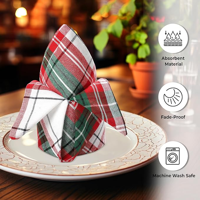 Urban Villa Cloth Napkins Set of 12 20x20 Inches 100% Cotton Napkins Cloth Washable Durable Reusable Absorbent Table Dinner Napkins Cloth for Christmas Hotel Lunch Restaurant Parties - Christ Checks