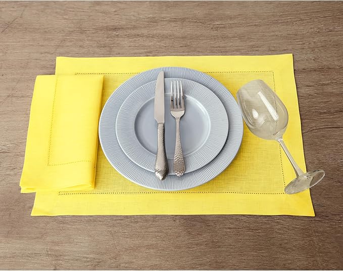 Solino Home Sunshine Yellow Linen Napkins Set of 4-100% Pure Linen Hemstitch Dinner Napkins 20 x 20 Inch for Spring, Summer, Mothers Day - Classic Hemstitch