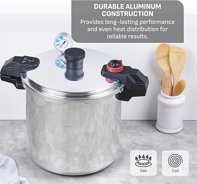 T-fal 22-Quart Aluminum Pressure Canner, 3 PSI Settings, Home Canning, Includes Racks & Canning Guide, Large Capacity, Pressure & Water Bath Canning for Vegetables, Meats, Seafood & Fruits, Silver