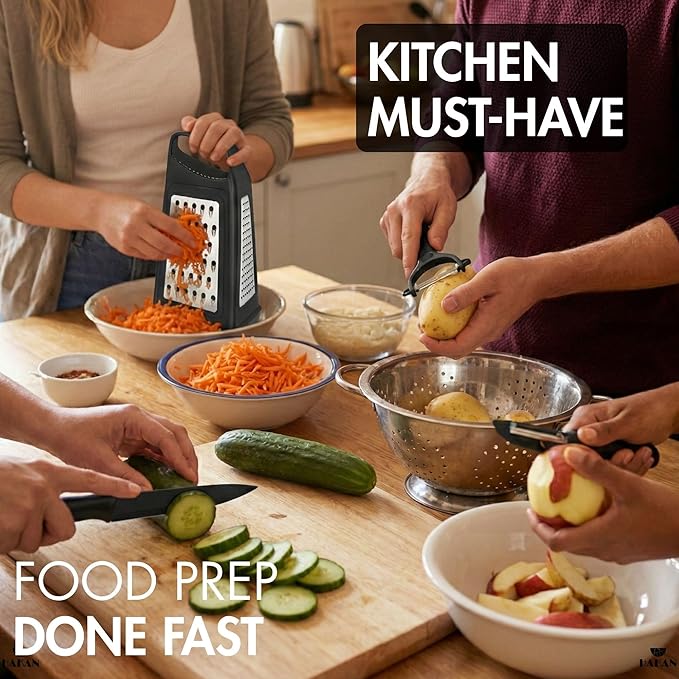 Hakan Grater, Chop and Peel Set | Handheld 3-Sided Grater with Multiple Shred Sizes, Y-Shaped Vegetable Peeler, I-Shaped Food Slicer & Spear Knife | Stainless Steel Kitchen Tools | Black, 4 Pcs