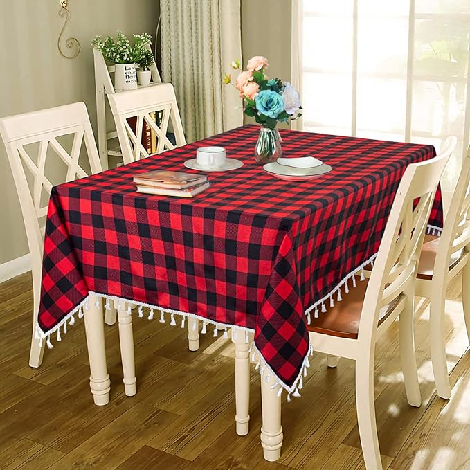 DUOBAO 54x54 Inch Red and Black Buffalo Plaid Tassel Tablecloth:Perfect for Dining Room, Kitchen, and Holiday Gatherings