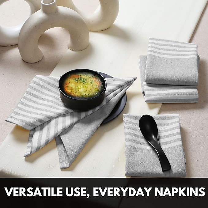 Cloth Napkins 18x18 Inches - Striped Design, 100% Cotton, Reusable & Durable Fabric Napkins for Dining, Everyday Meals, Events, Parties - Machine Washable, Set of 4, Melange Grey
