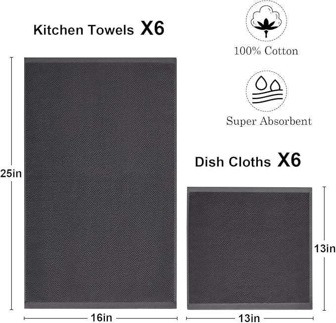 12 Pack Kitchen Towels and Dishcloths Set, 100% Cotton Soft and Absorbent Kitchen Towels 16 x 25 inche & 13 x 13inche Dishcloths