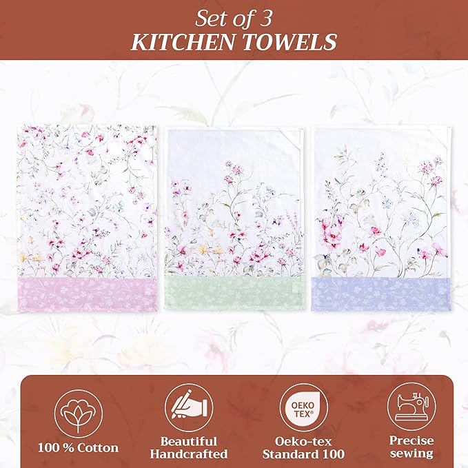Maison d' Hermine Kitchen Towels Set of 3 100% Cotton 27.50" x 20" Reusable Cloth Tea Dish Towels Absorbent with Hanging Loop for Kitchen Gifts for Mothers Day Spring/Summer (Summer Floral)