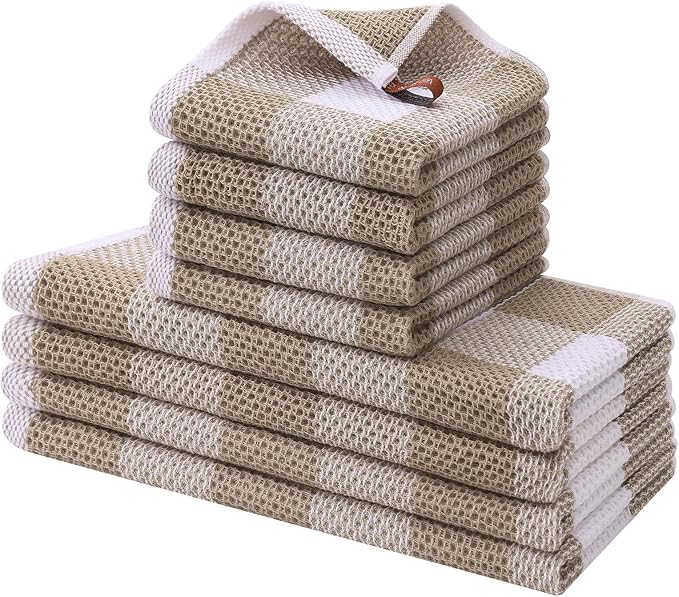 Homaxy Kitchen Towels and Dishcloths Set, 12 x 12 and 13 x 28 Inches, Set of 8 100% Cotton Waffle Weave Check Plaid Kitchen Dish Towels, Super Soft and Absorbent Dish Cloths, White & Khaki