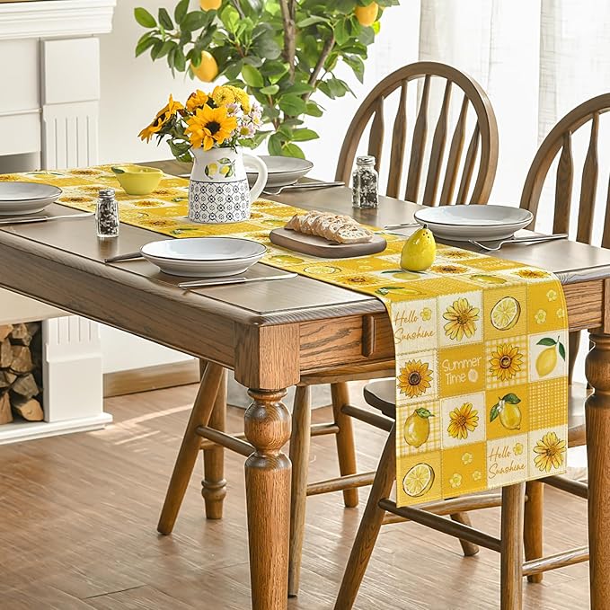 Artoid Mode Sunflower Lemon 210 GSM Hello Sunshine Summer Table Runner, Seasonal Kitchen Dining Table Decoration for Home Party Decor 13x36 Inch