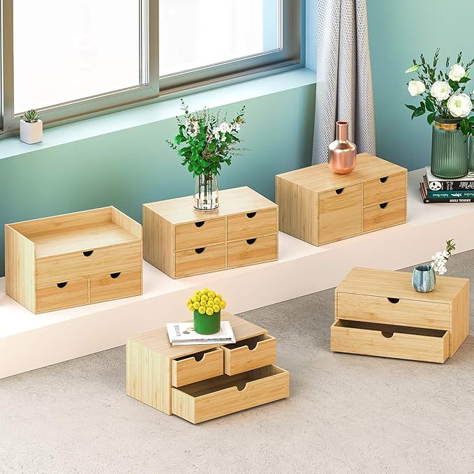 Wisuce Bamboo Desk Drawer Organizer, Desktop Organizer with Drawers Tabletop Storage Organization Box for Office Home Toiletries Supplies Vanity, No Assembly Required(2 Drawers)