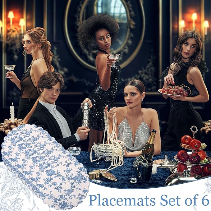 Set of 6 Round Placemats 15 Inch Cotton Scalloped Embroidery Placemat Washable Double Layered Rustic Dinner Table Mat Decor Fabric for Hotel Restaurant Kitchen(Floral/Blue,Classic)