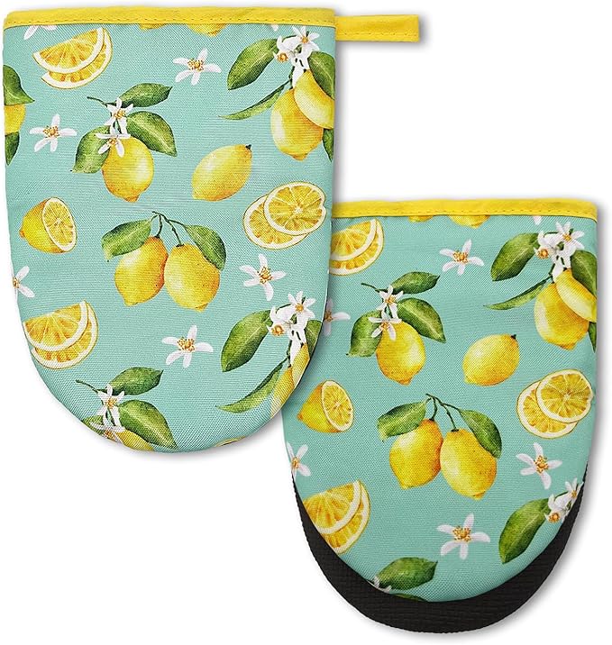 Lemon Mini Silicone Oven Mitts 2-Pack Set, Heat Slip Resistant Kitchen Gloves, Soft Short Oven Mittens for Safe Cooking Baking Grilling