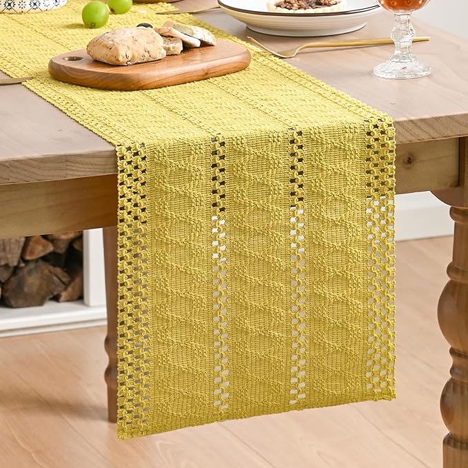 Artoid Mode Yellow Farmhouse Woven Rustic Hollow Table Runner, Seasonal Holiday Hollow Kitchen Dining Table Decoration for Home Party Decor 12x72 Inch