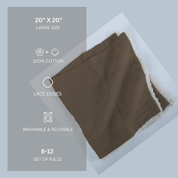 FINGERCRAFT Dinner Cloth Napkin Cotton Muslin Double Gauze 12 Pack with Classic Lace for Everyday Use, Wedding, Party, Christmas, Easter Napkins Cloth are Pre Shrunk and Good Absorbency Taupe