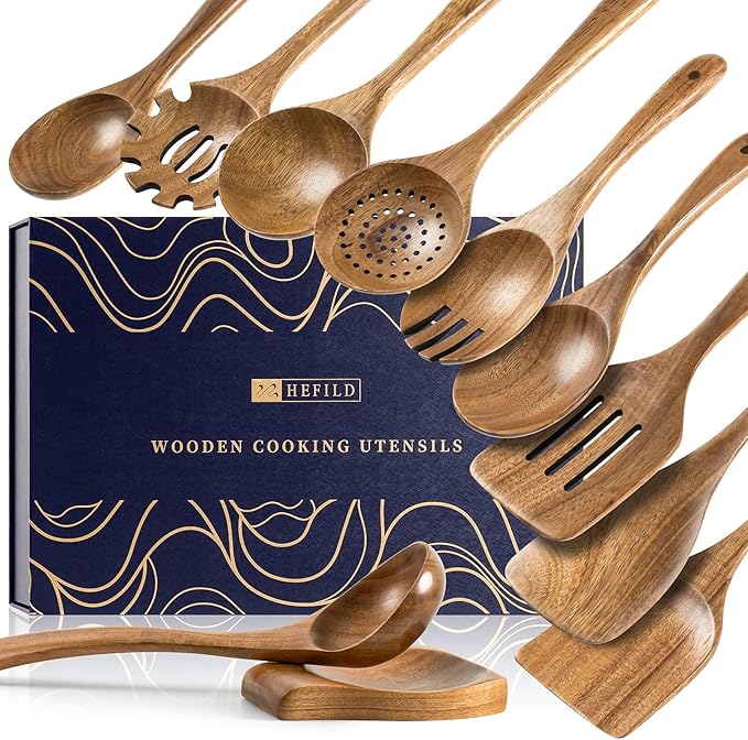 Wooden Spoons for Cooking, Nonstick Cooking Utensil Set with 10 Piece Acacia Wooden Spatulas and Spoons, as well as a Extra Whole Wood Spoon Rest, Terrific for Everyday Kitchen Tasks
