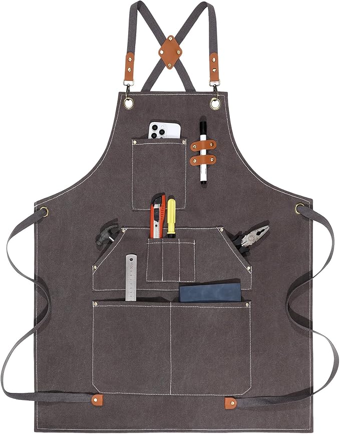 Work Aprons for Men Women with 9 Pockets Chef Apron 14oz Cotton Canvas Cross Back Aprons Heavy Duty Apron Gray Tool Apron for Woodworkers Kitchen Cooking Apron Waterproof Apron Size M to XXL