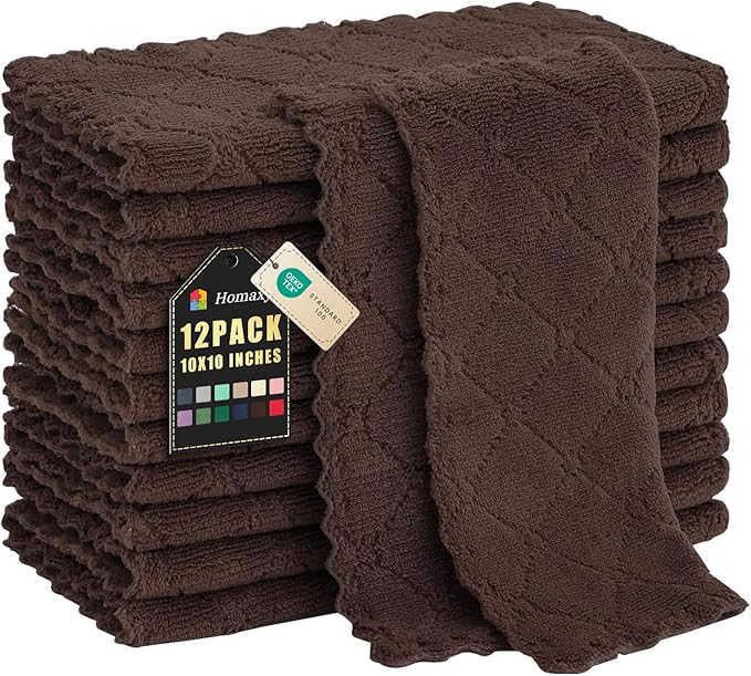 Homaxy 12 Pack Kitchen Dish Cloths (10 x 10 Inches, Brown), Super Soft and Absorbent Coral Velvet Dish Towels, Nonstick Oil Fast Drying Microfiber Cleaning Cloth, No Lint Household Dishcloths