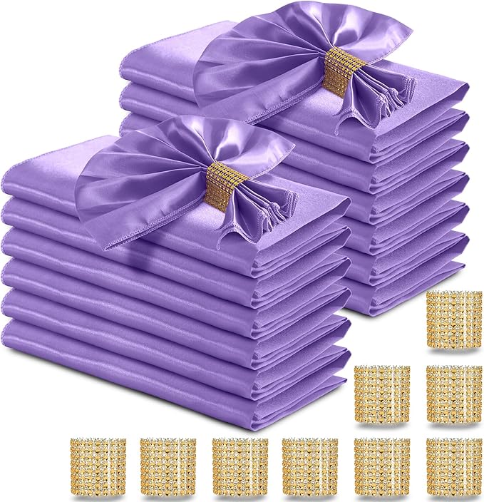 RUDONG M 100 Pcs Light Purple Satin Napkins and Napkin Rings Set, 17 x 17 Inch Square Cloth Napkins Set of 50, Silky Soft Table Napkins Bulk for Weddings, Banquet, Parties Dinner Decoration